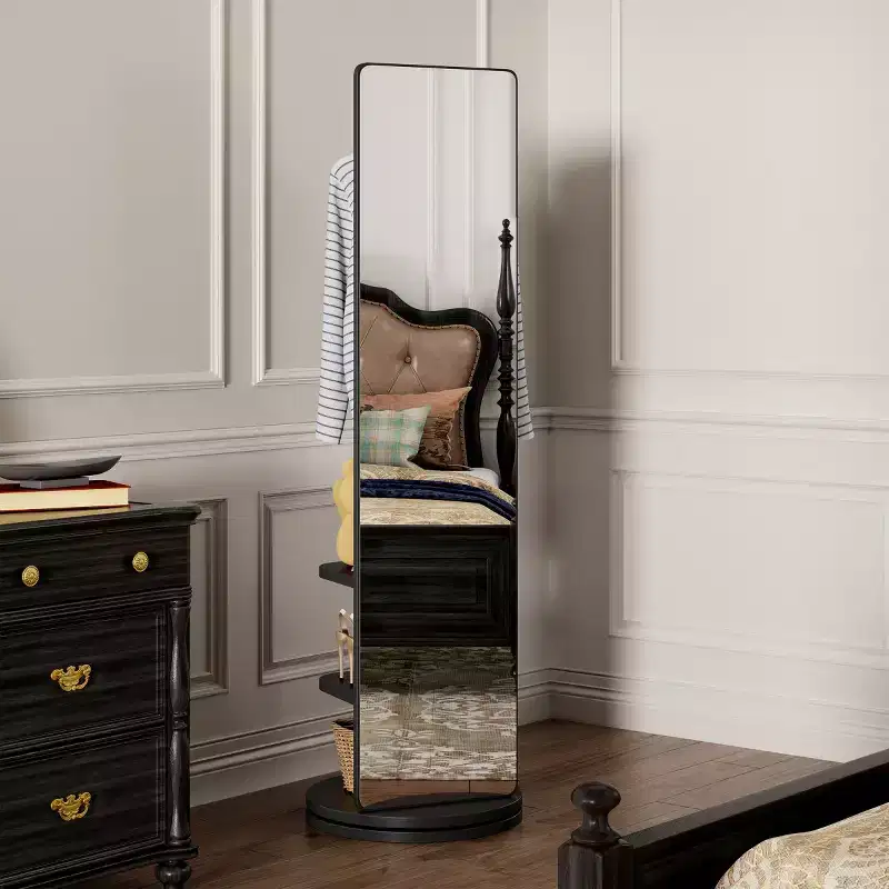 69 Full Length Mirror with Stand, 360 Rotating Solid Wood Freestanding Mirror with Hooks & Coat Rack for Bedroom or Living Room-Panipeachy