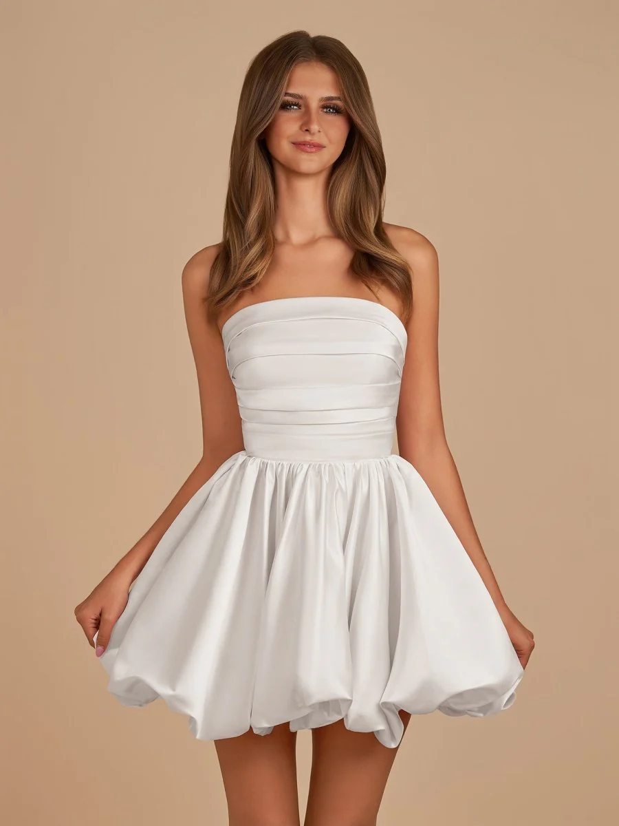 White - A Line Strapless Satin Bubble Hem Short Homecoming Dresses
