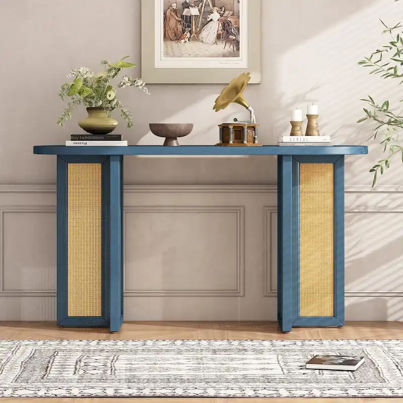 Farmhouse Rattan Console Table Entryway Table,Navy