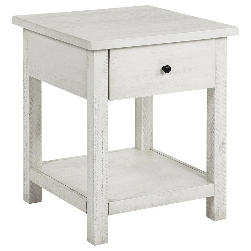Side End Table with Drawer and Lower Shelf, Distressed White, 20 Inch Square