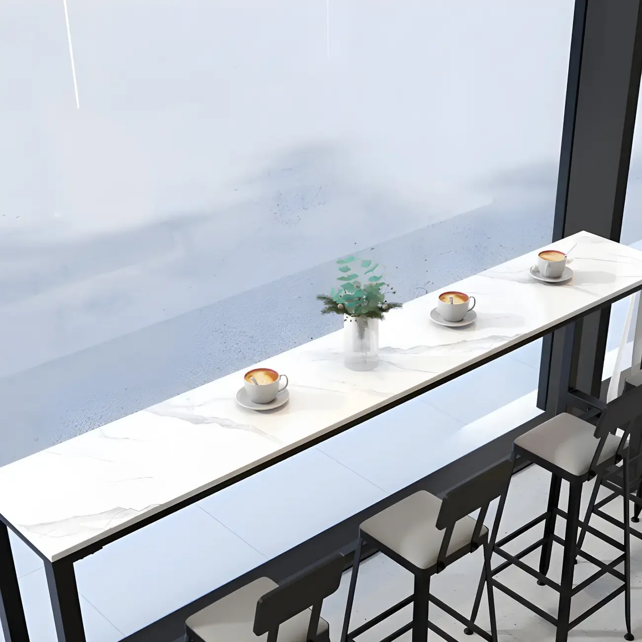 Rectangular White Marble Top Bar Tables with Iron Base