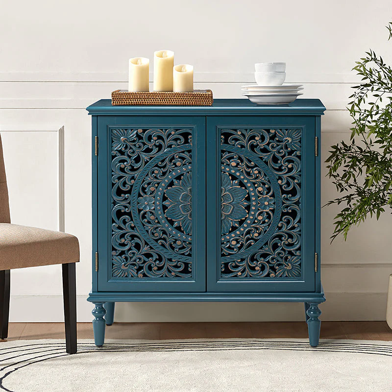 2-Door Accent Cabinet with Carved Floral Doors, Fixed Interior Shelf & Turned Solid Wood Legs | Blue / Grey / White | Single