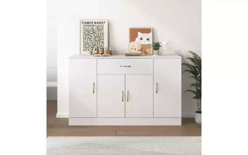 JVNOXK Sideboard with storage, large kitchen cabinet featuring 1 drawer and 4 doors, modern style, suitable for kitchen and dining areas, white