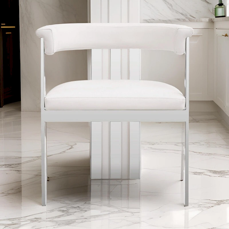 Cid Tayc 25 Inch Dining Chair, White Faux Leather, Stainless Steel Frame