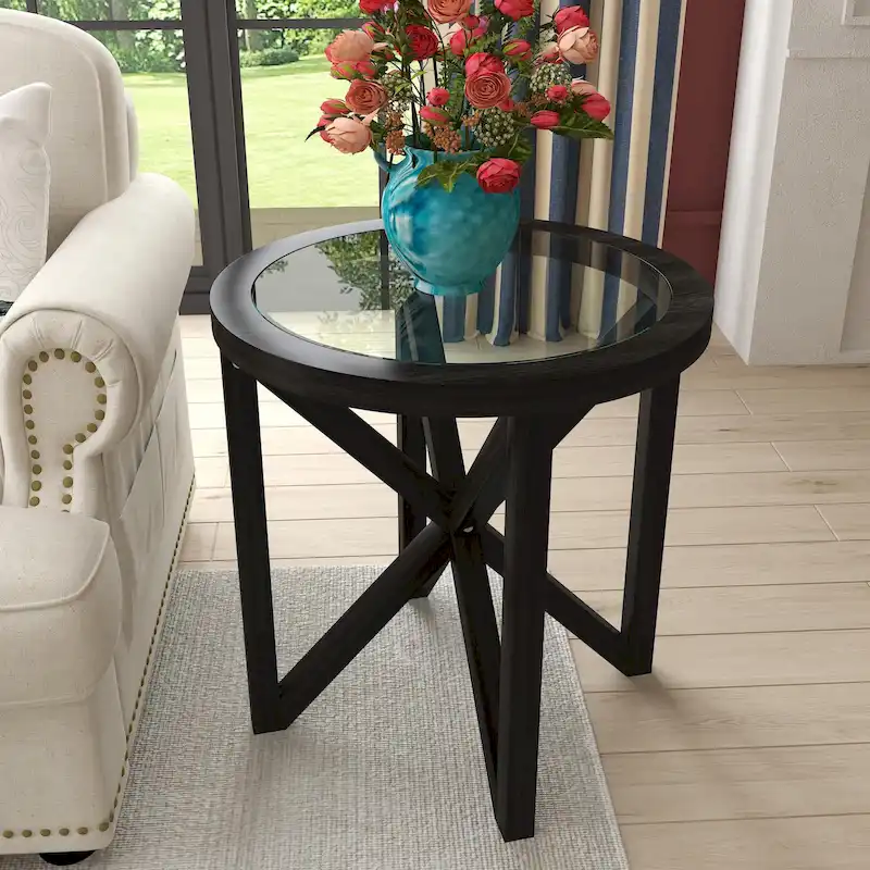 Sleek Tempered Glass Coffee Table with Solid Wood Base