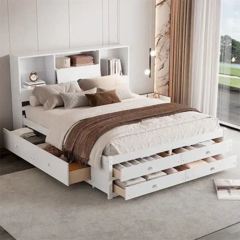 White/Grey Queen Platform Bed with Storage Headboard & 8 Drawers, for 1-2 People