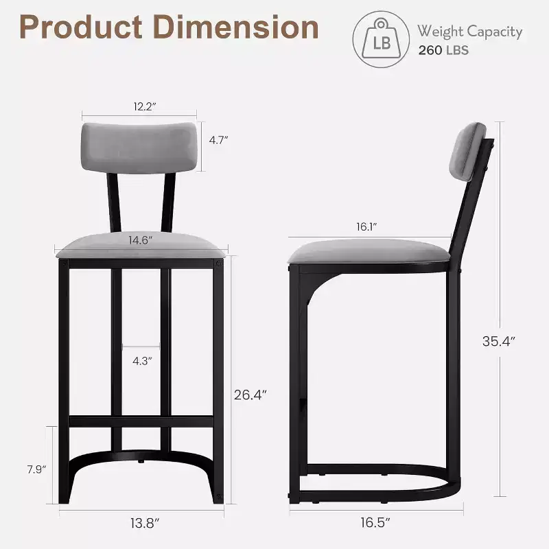 CuisinSmart Bar Stools Set of 2, Modern Tall Barstools with Back, Counter Height Bar Stools, Metal Counter Stools with Upholstered