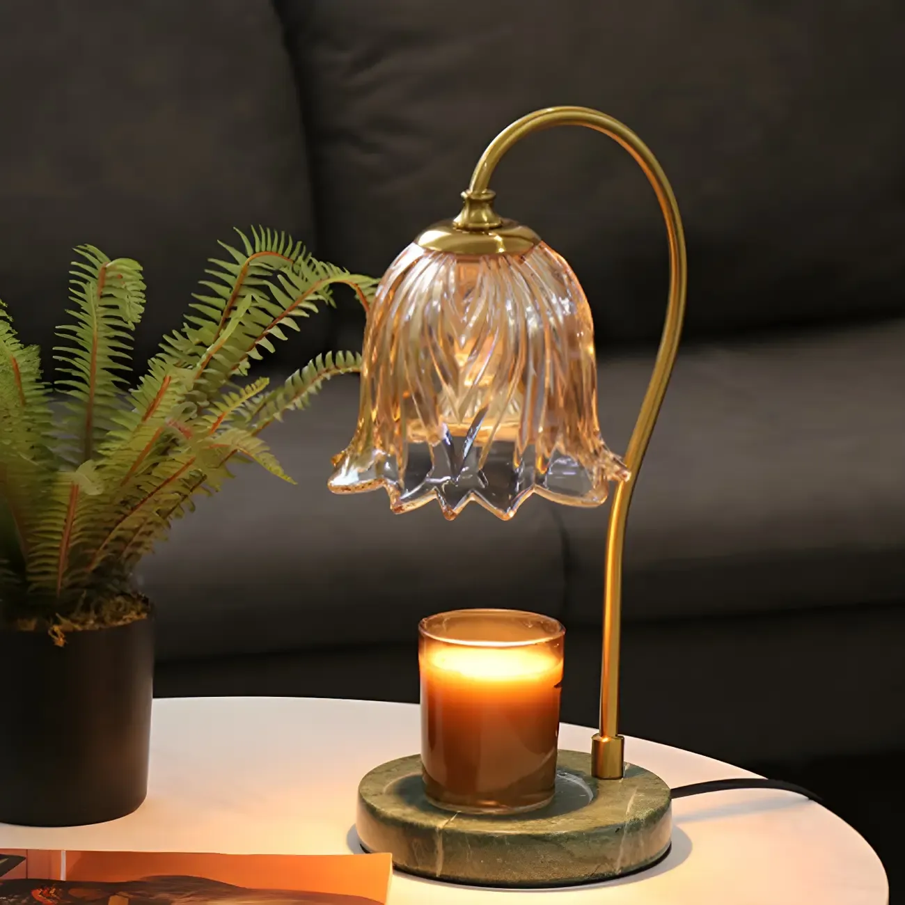 Elegant Glass Floral Bedside Lamp with Cup Holder Base