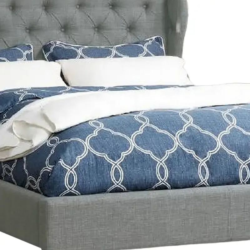 Jimi California King Bed, Upholstered Wingback Headboard, Gray Polyester