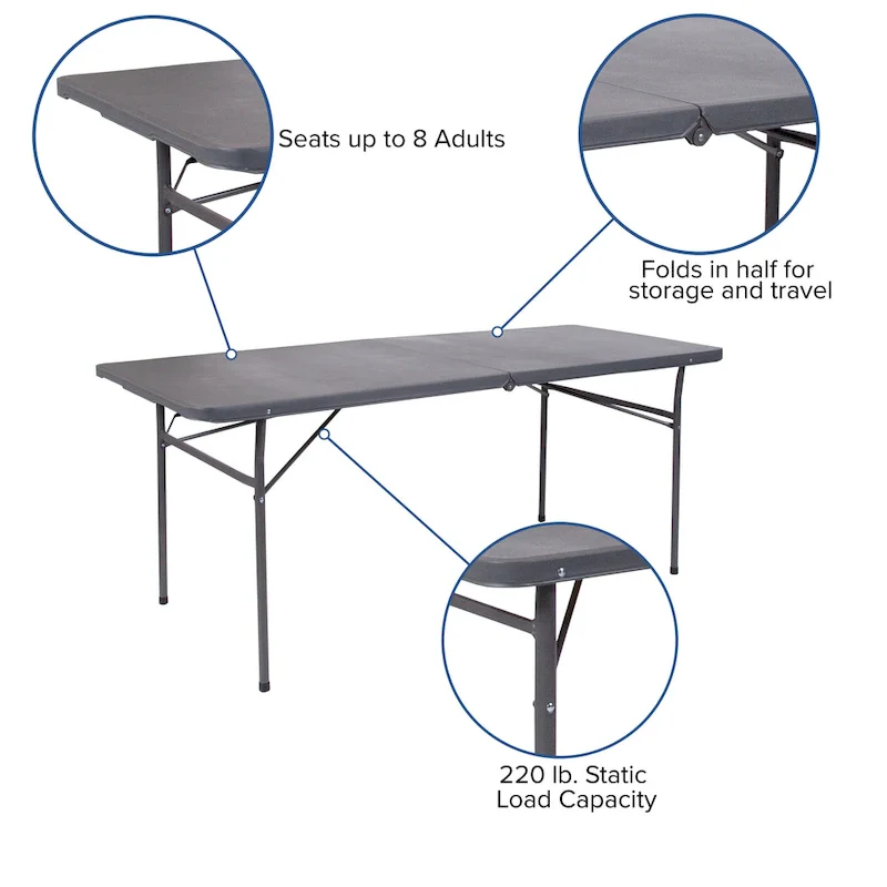 30W x 72L Bi-Fold Plastic Banquet and Event Folding Table with Carrying Handle - 72D x 30W x 29H