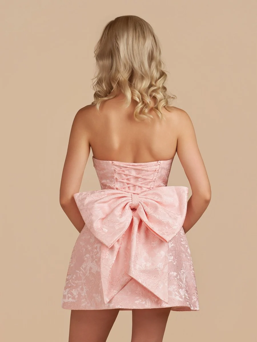 Pink - Strapless Jacquard A Line Homecoming Dress With Bowknot