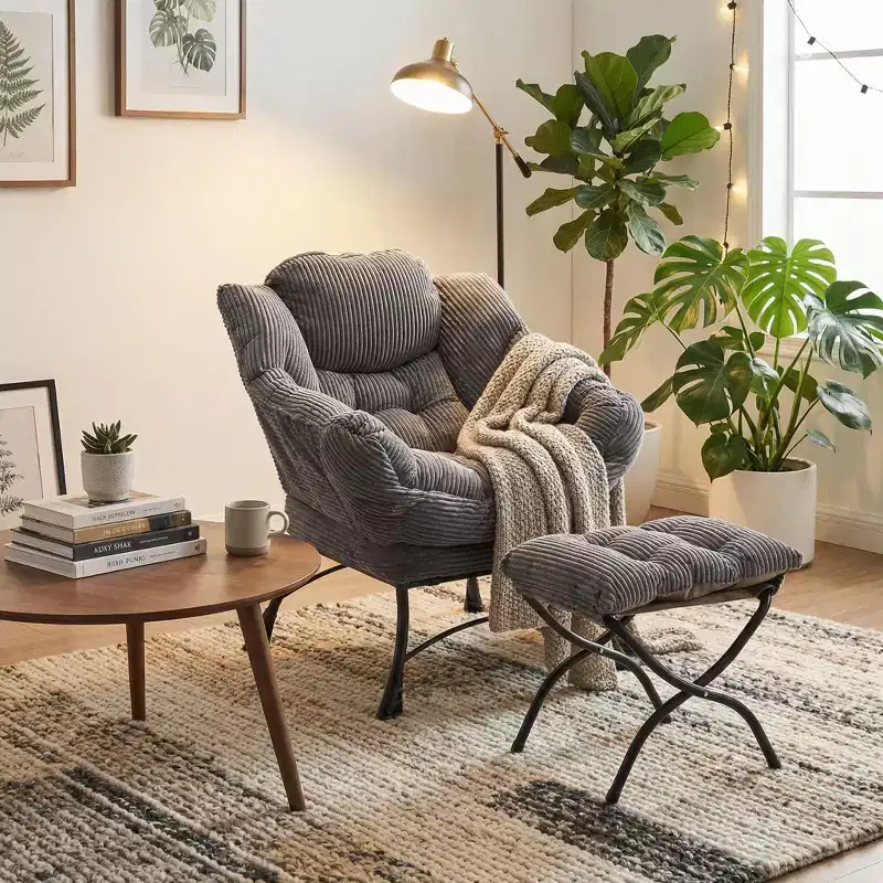 FurnitureR Corduroy Lounge Chair with Ottoman, Upholstered Accent Chair with Metal Frame & Side Pocket, Cozy Reading Chair for Living Room or Bedroom