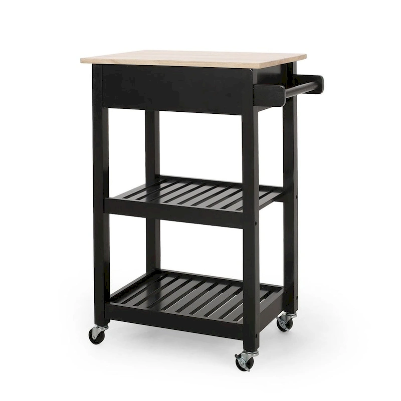 Compact Wooden Kitchen Cart with Wheels Shelves and Drawer by