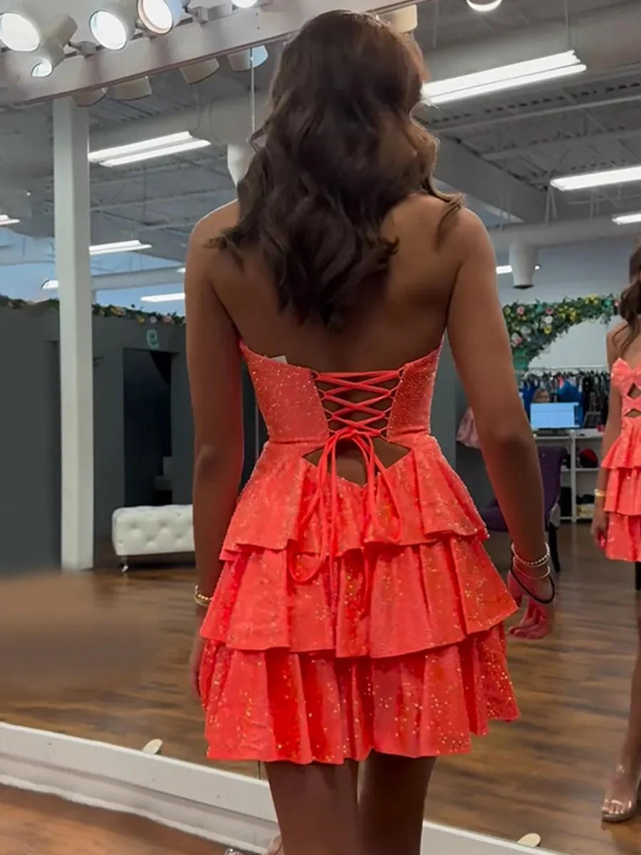 Orange - A Line Sweetheart Satin Cut Out Ruffled Homecoming & Cocktail Dresses with Beads