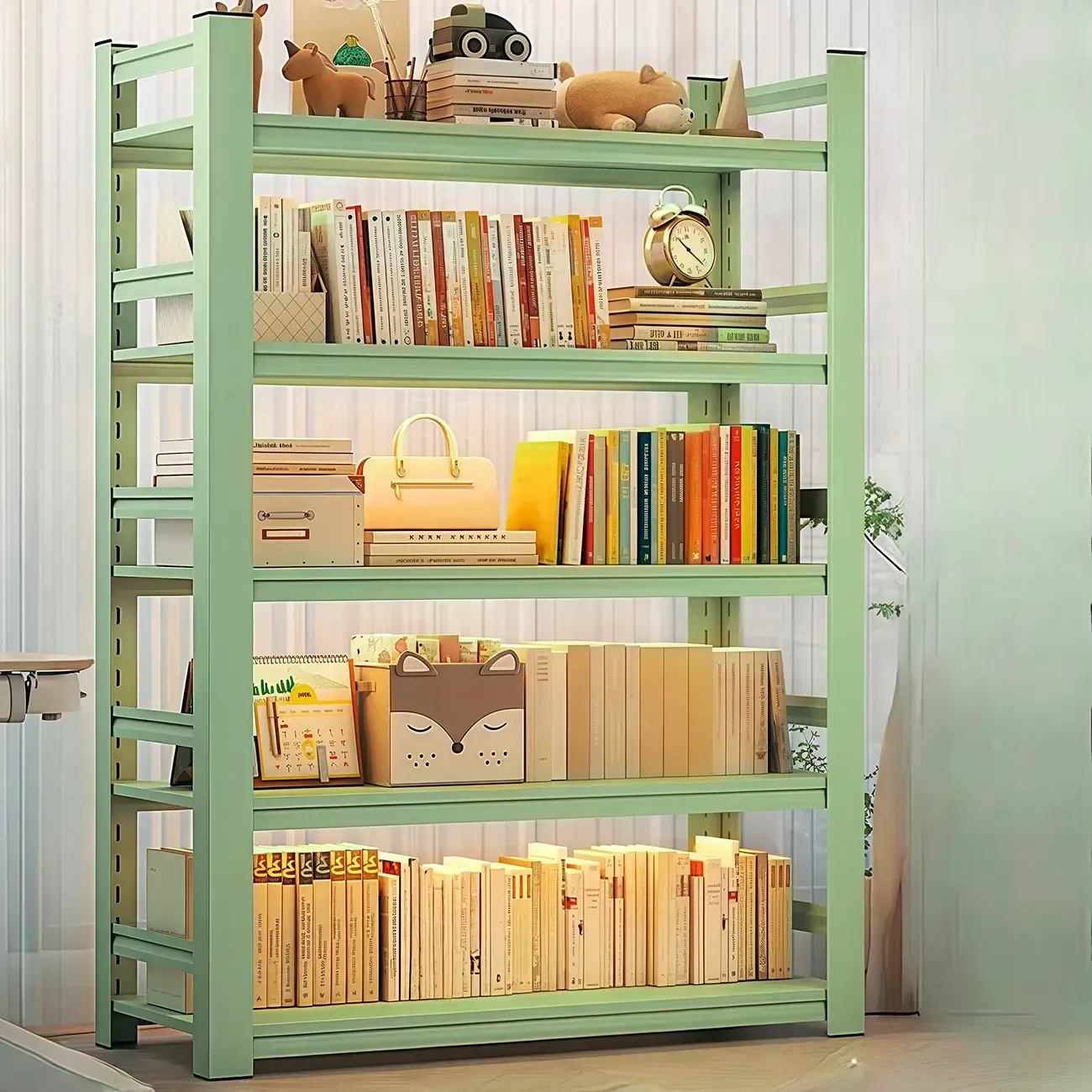 Multi-functional Vertical Green Steel 5-Shelf Bookshelf