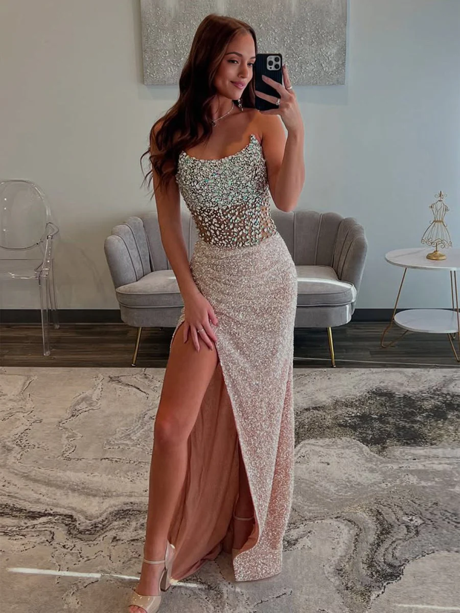 Mermaid Champagne Strapless Sequins Long Prom Dresses with Slit