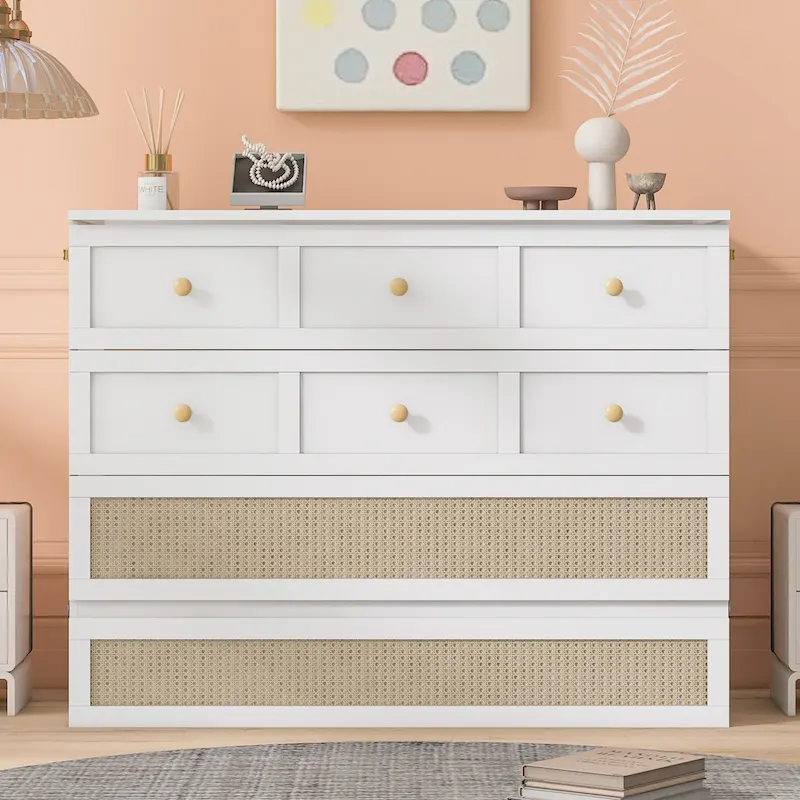 White Queen Size Murphy Bed with Storage and Large Drawers