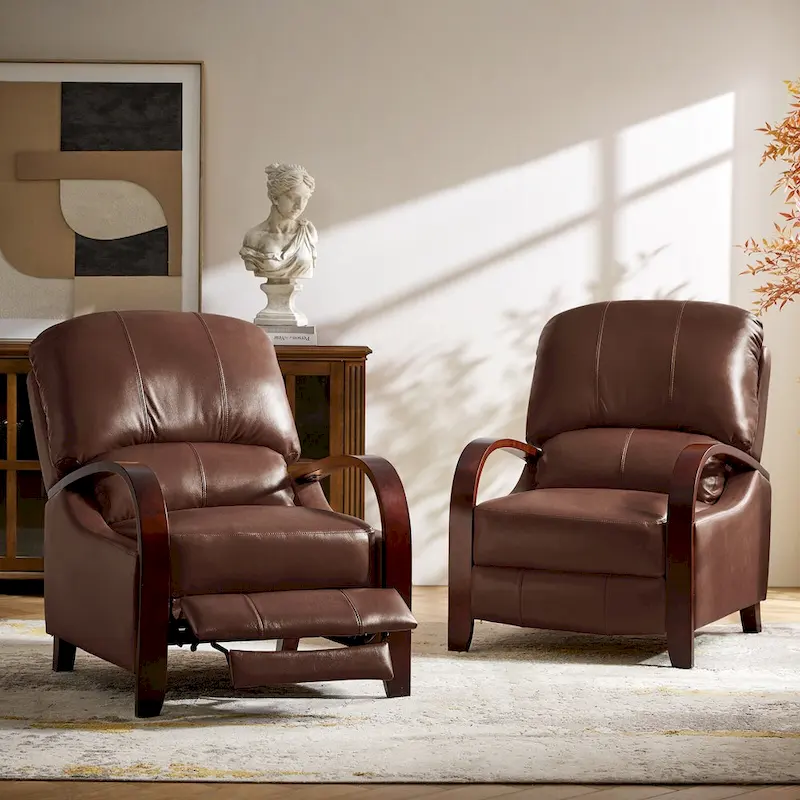 Alex Mid-century Modern Cigar Genuine Leather Manual Recliner with Wooden Curved Arms, Set of 2