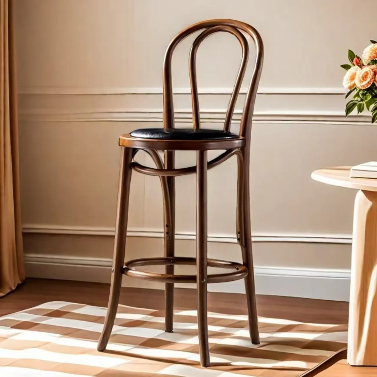 Walnut Beech Wood Leather Seat Bar Stools with Back