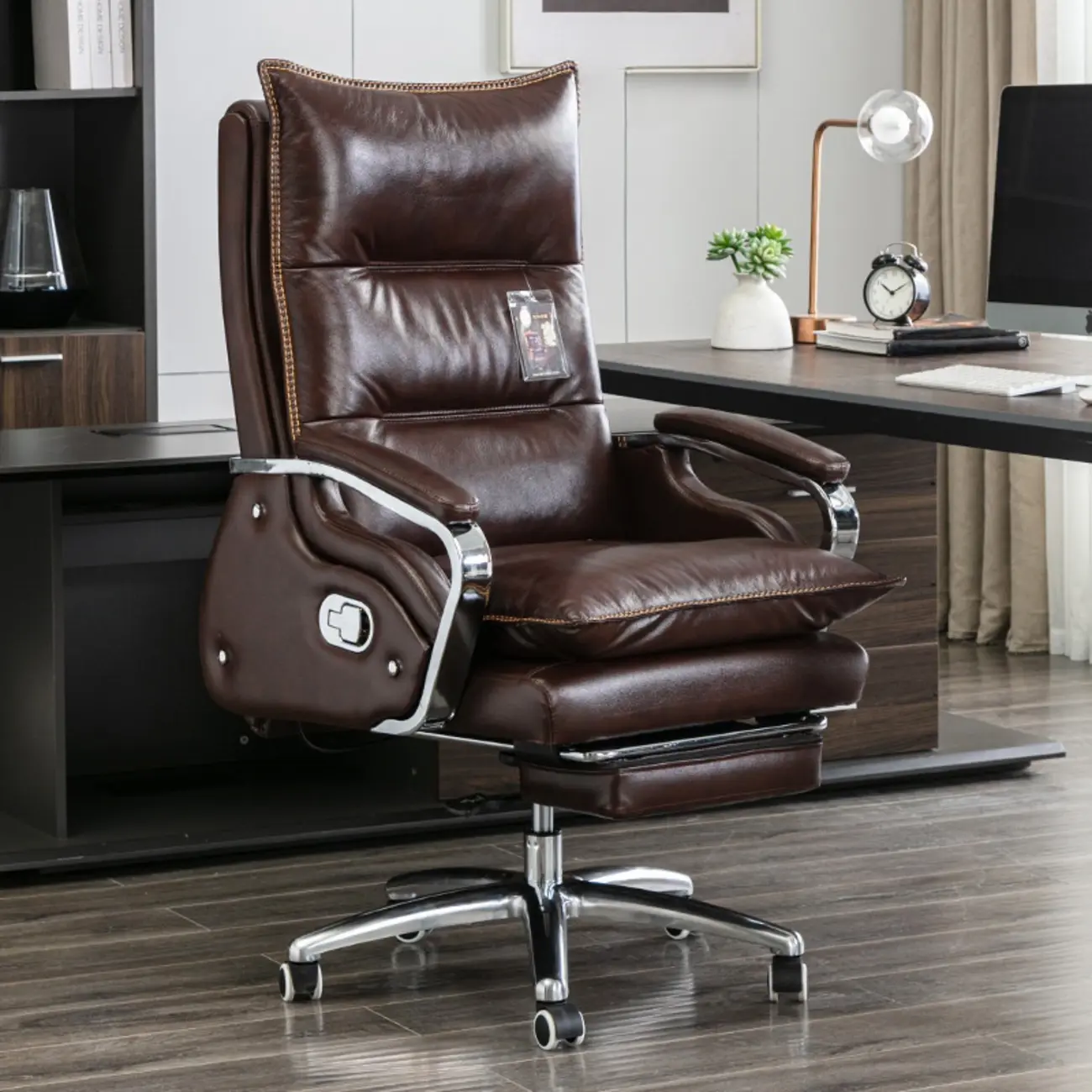 Executive Reddish Brown Leather Reclining Office Chair