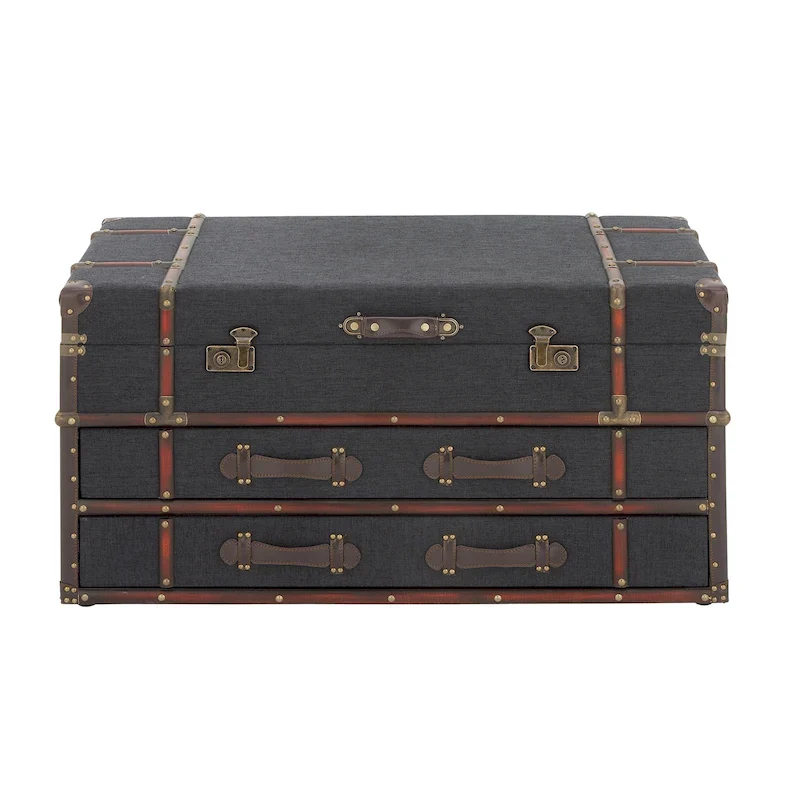 Dark Blue / Brown Faux Leather Trunk Coffee Table with 2 Drawers & Hinged Top