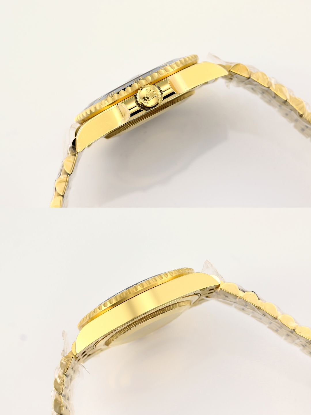 Zijprofiel van gouden Rolex replica kast met kroon en bracelet