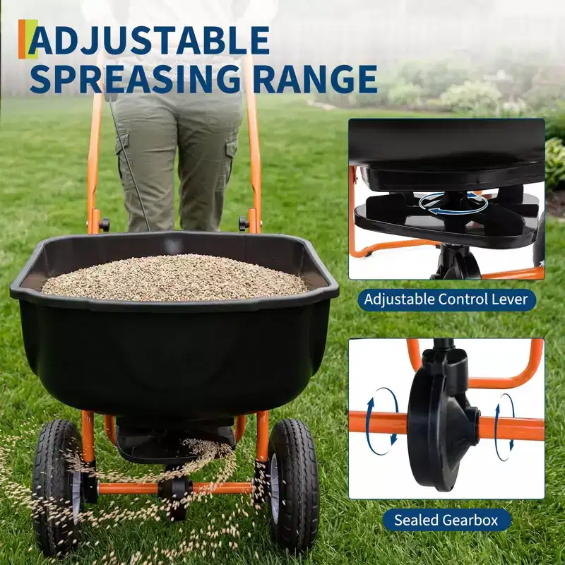 Walk Behind Broadcast Spreader, 70LBS Capacity Fertilizer Spreader with Adjustable Flow Control & 010FT Spreading Width, Garden & Lawn Seed Spreader