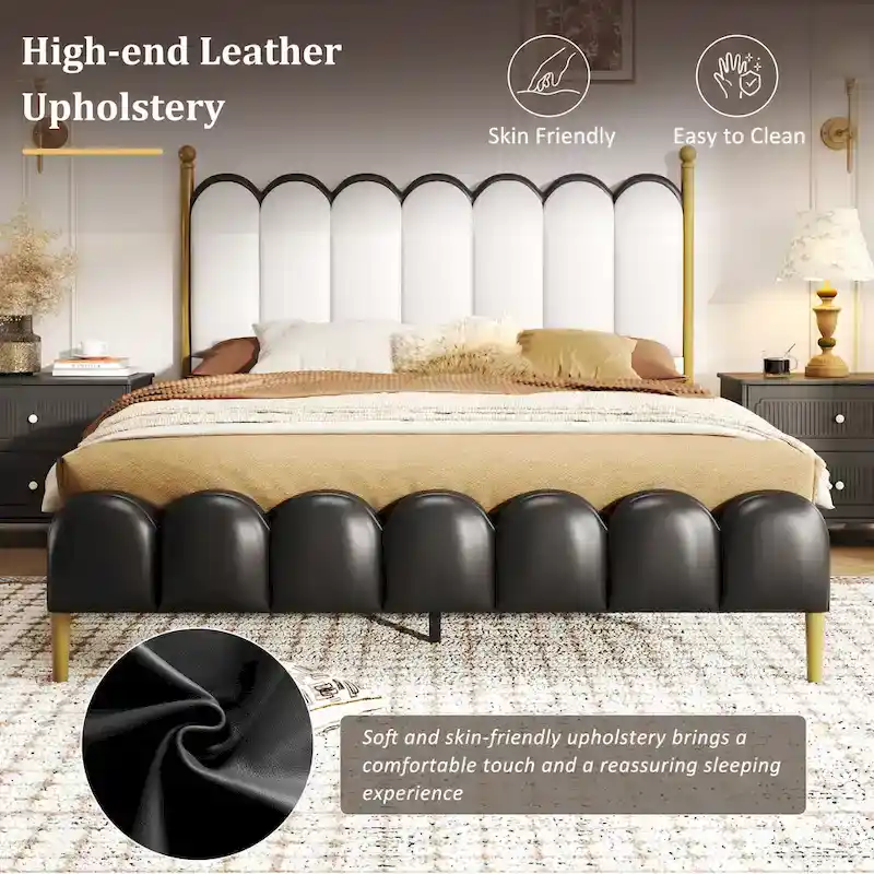 Leather Upholstered Bed with Headboard & Footboard, Solid Wood Slats & Legs