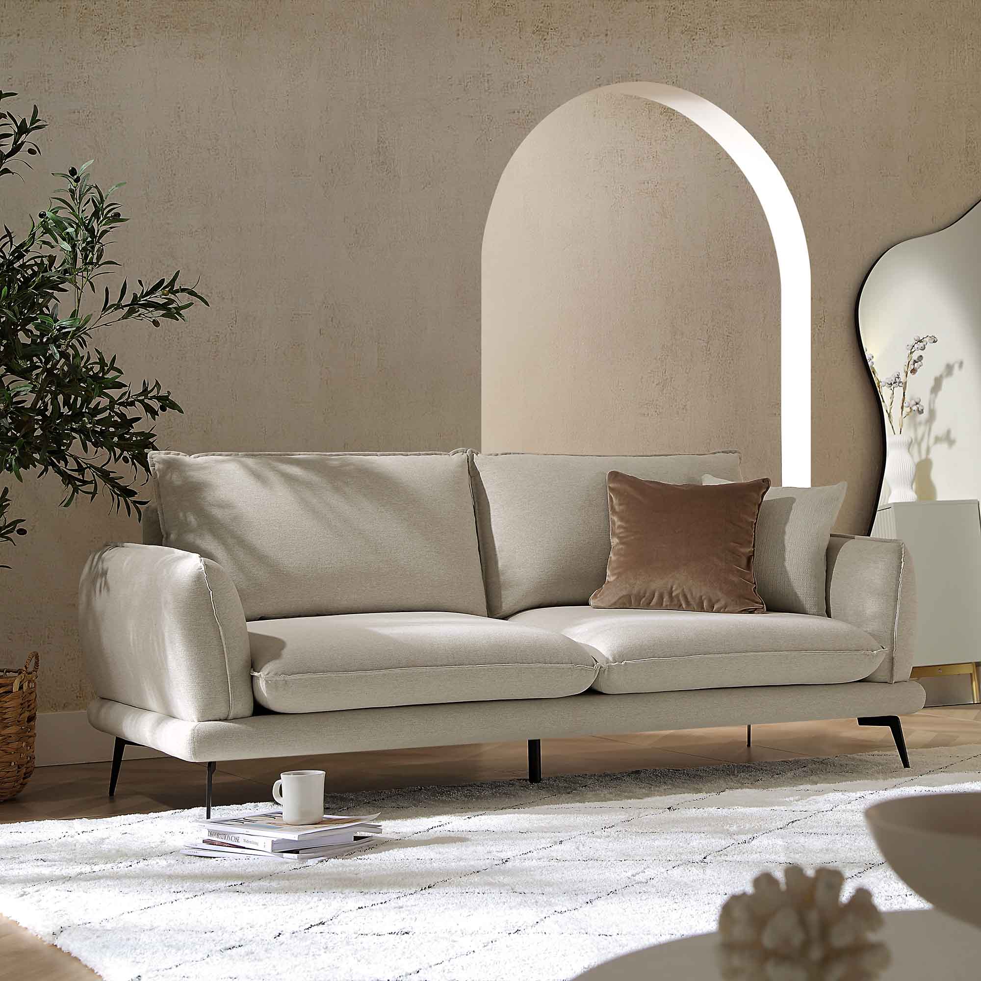 Oatmeal Fabric Sofa, 3-Seater