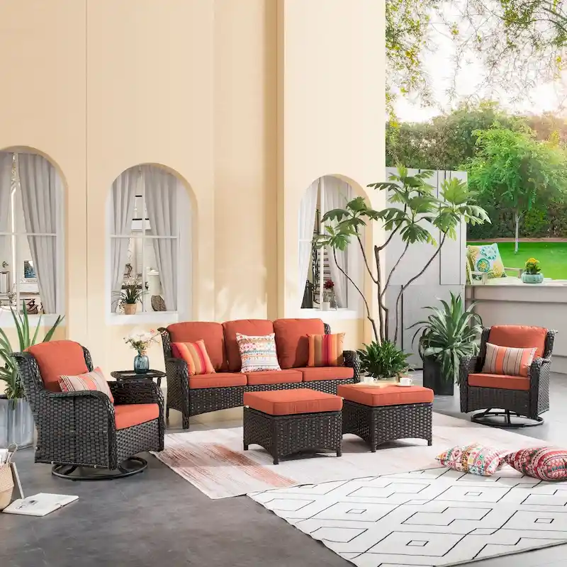 OVIOS 6-piece Patio Wicker Conversation Set with Swivel Chairs