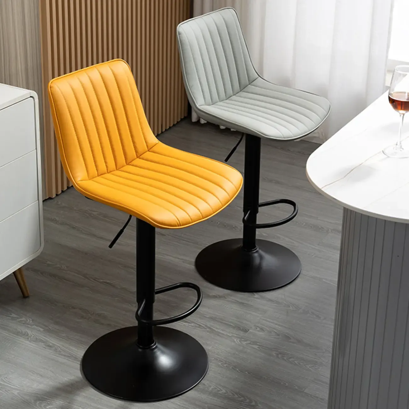 Modern Leather Upholstered Swivel Bar Stools Height Adjustable