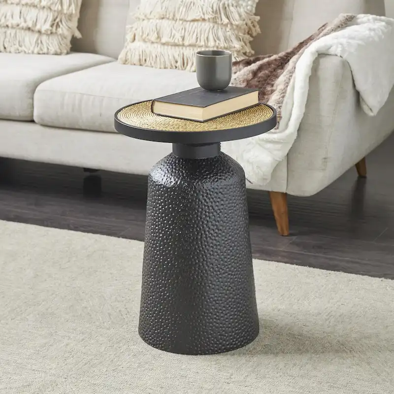 Handmade Metal Side Accent Table with Rope Tabletop Black Boho