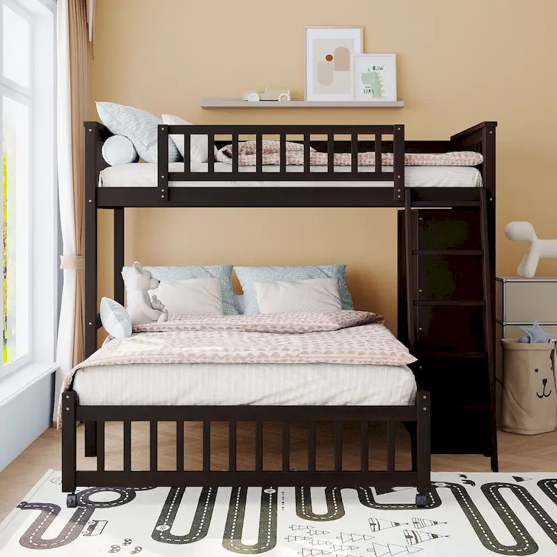 L-Shaped Twin Over Full Bunk Bed with Stairs & Storage, Espresso / Gray / White, Sleeps 2