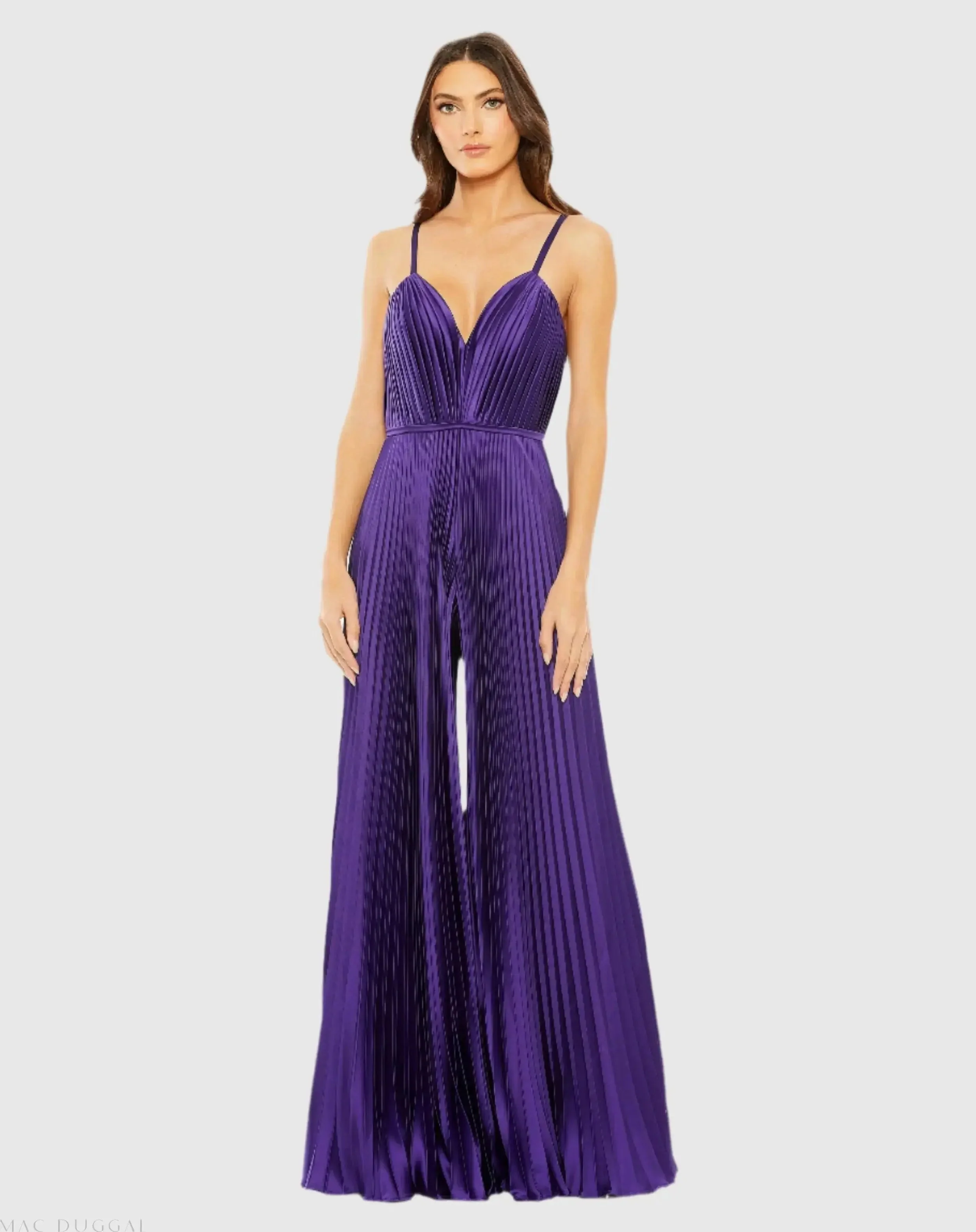 Purple Pleated Plunge Neck Wide Leg Jumpsuit