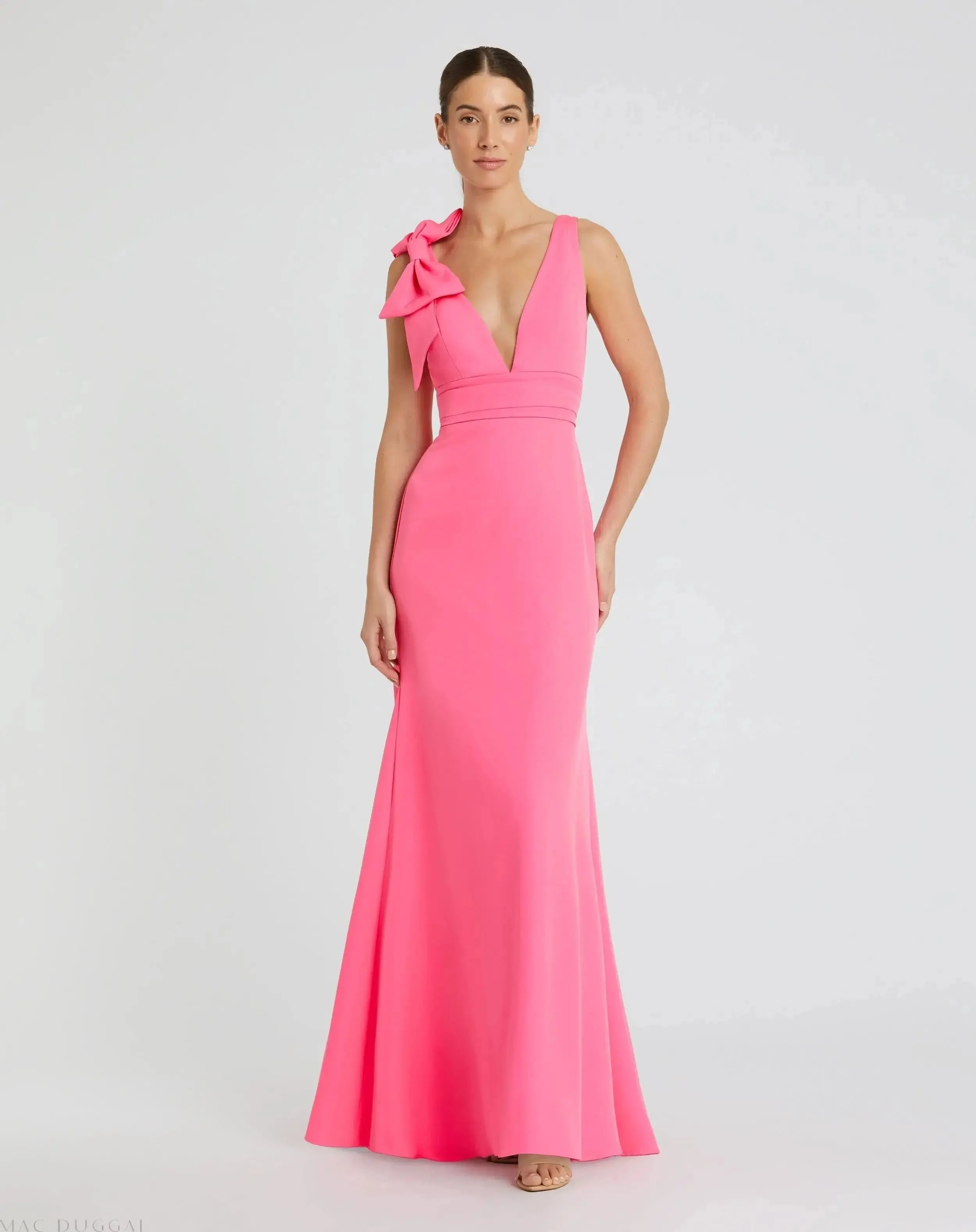 Pink Sleeveless V Neck Bow Detail Mermaid Gown