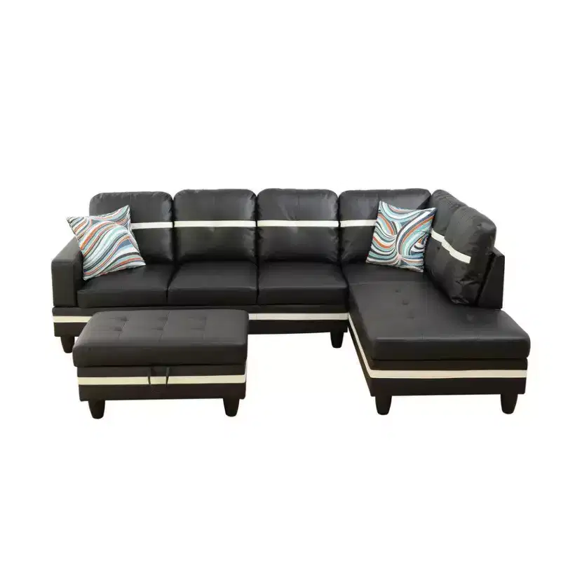 Modern Elegance Black & White Semi-PU Leather Sectional Sofa Set - L-Shaped Design, Thick Padding, Matching Ottoman