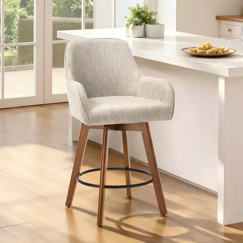 Bekrvio 25 Swivel Counter Stool Set of 1, 4.33 Upholstered Linen Seat with Back, Arms, Rubberwood Frame, Mid-Century Modern barstool, Sand