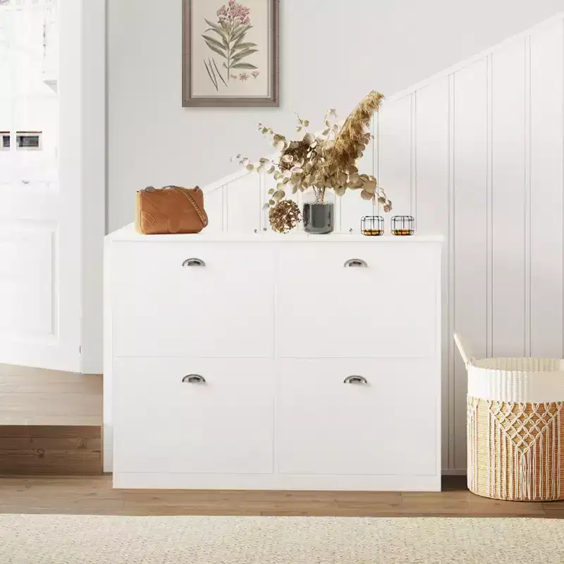 JVNOXK 40-inch Concealed Ultra-Slim Shoe Cabinet with 4 Flip-Top Drawers and Anti-Tip Mechanism, Suitable for Entryways and Bedrooms, White
