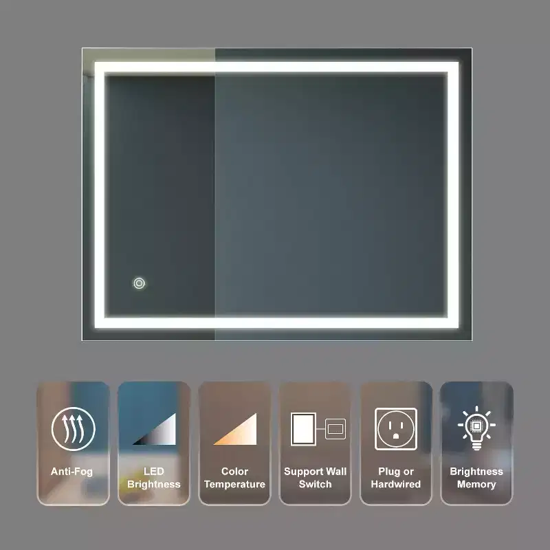 Acekool 32x24 Inch Bathroom Vanity Mirror with 3-Color Dimmable Touch, Anti-Fog, Wall Switch Control, Waterproof Rectangle Wall Mirror