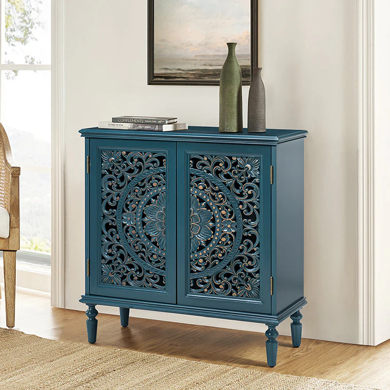 2-Door Accent Cabinet with Carved Floral Doors, Fixed Interior Shelf & Turned Solid Wood Legs | Blue / Grey / White | Single