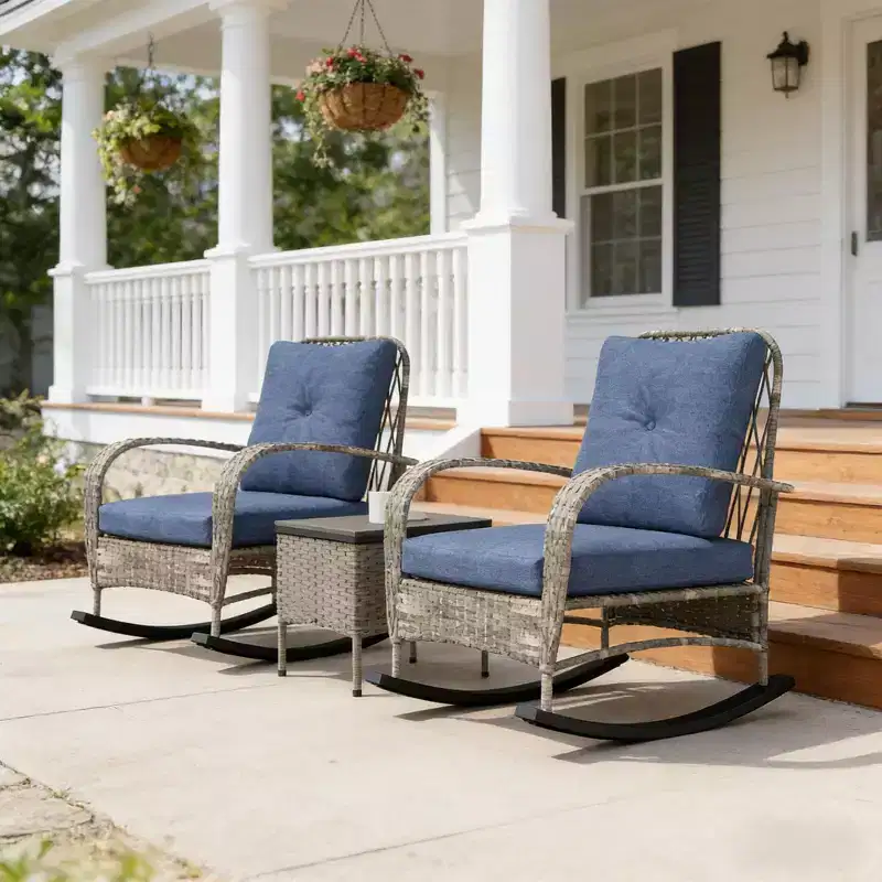 GDFStudio Belmont 3-Piece Patio Bistro Set with Rocking Chairs and Wicker Table