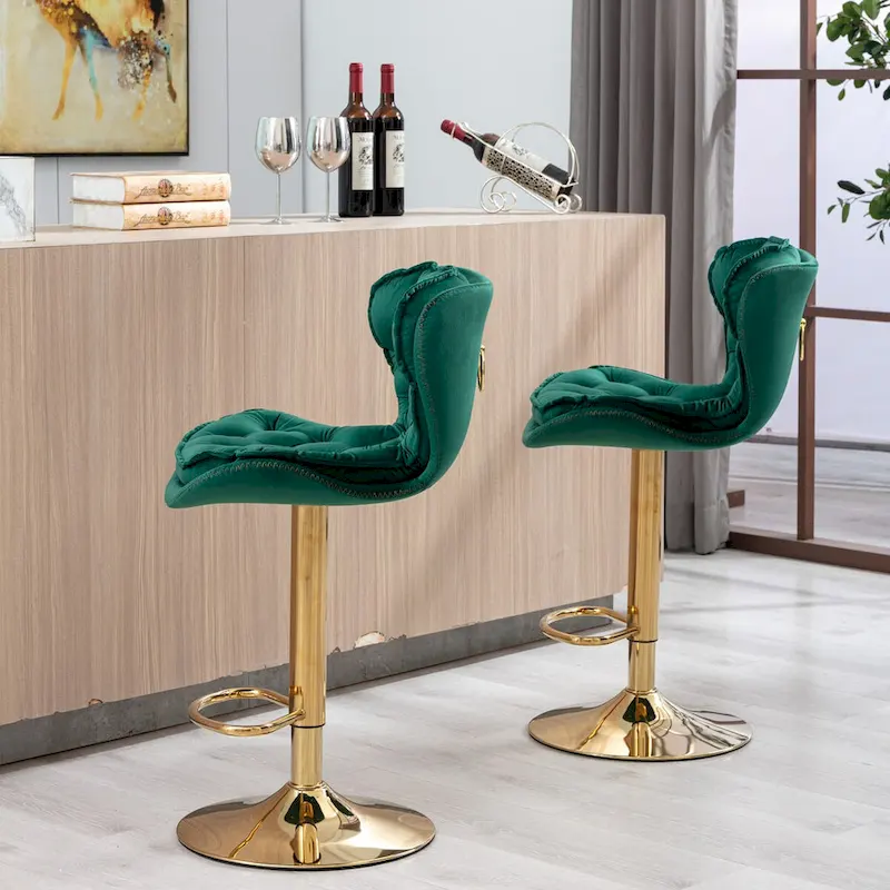 Swivel Height Adjustable Velvet Bar Stools Set of 2,with Golden Footrest and Base