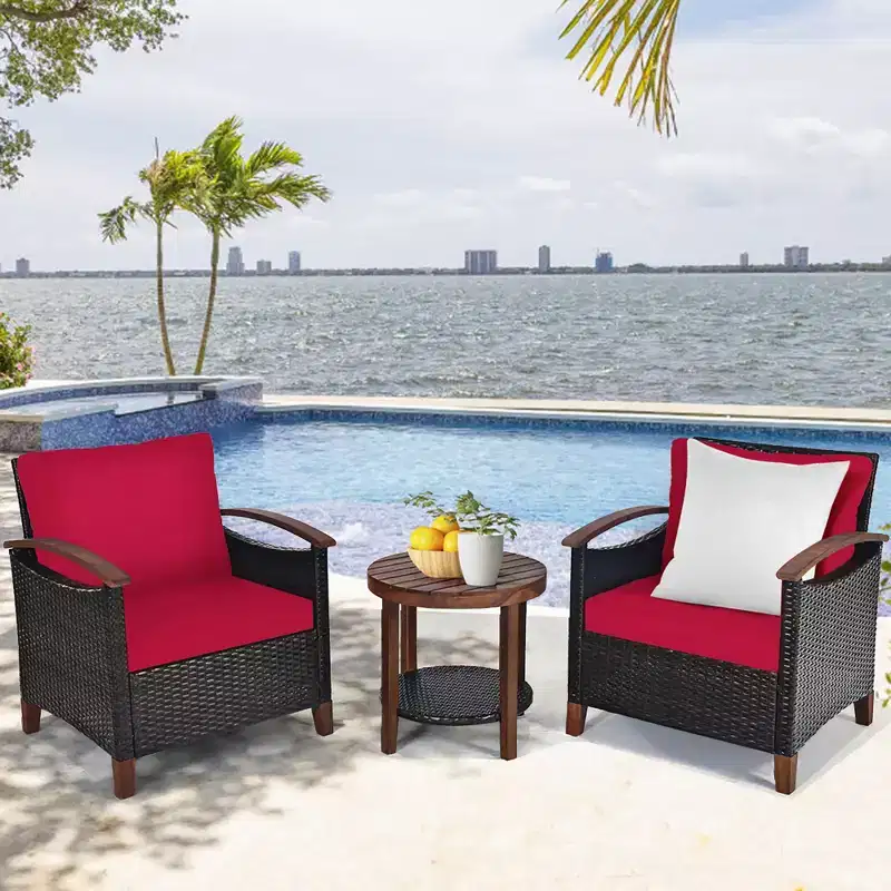 Costway 3PCS Patio Rattan Furniture Set Wooden Frame Cushion Table Shelf Red\Beige\Blue
