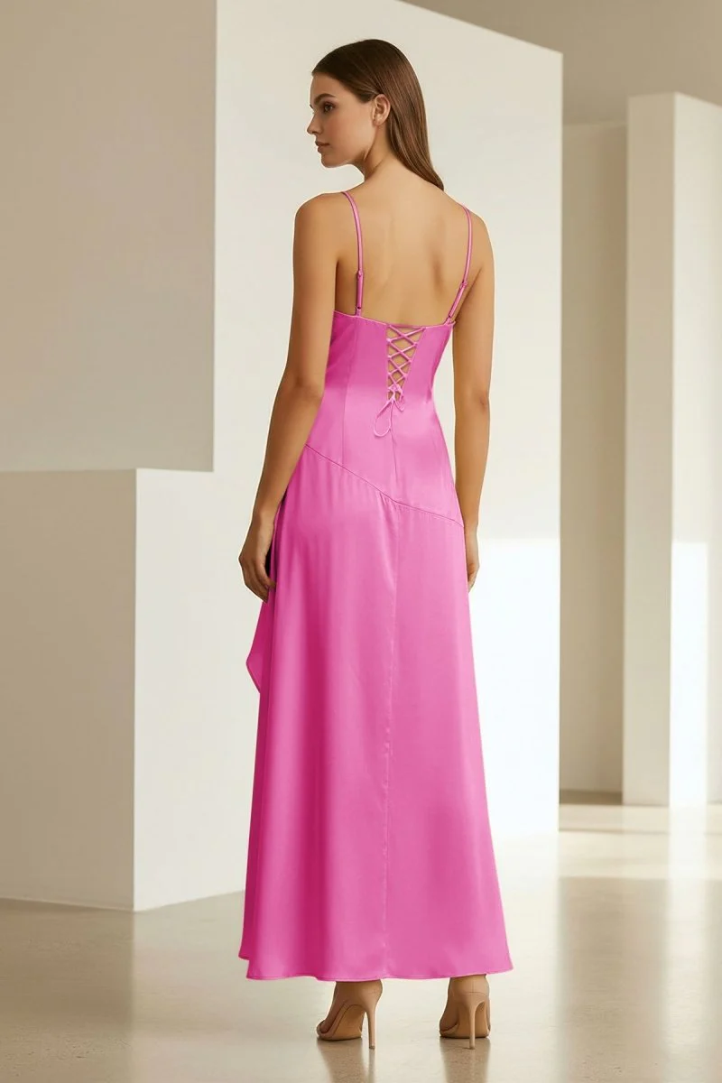 Fuchsia - Spaghetti Straps Sheath Satin High Low Prom Dresses With Ruffles