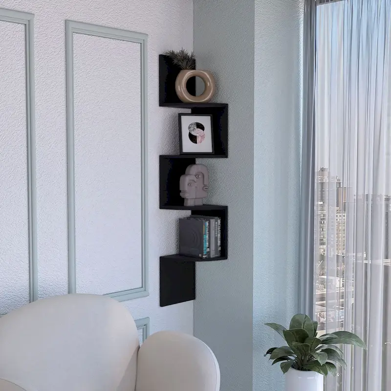 Black / White Corner Wall Shelf — 4-Tier, 1-Person Assembly