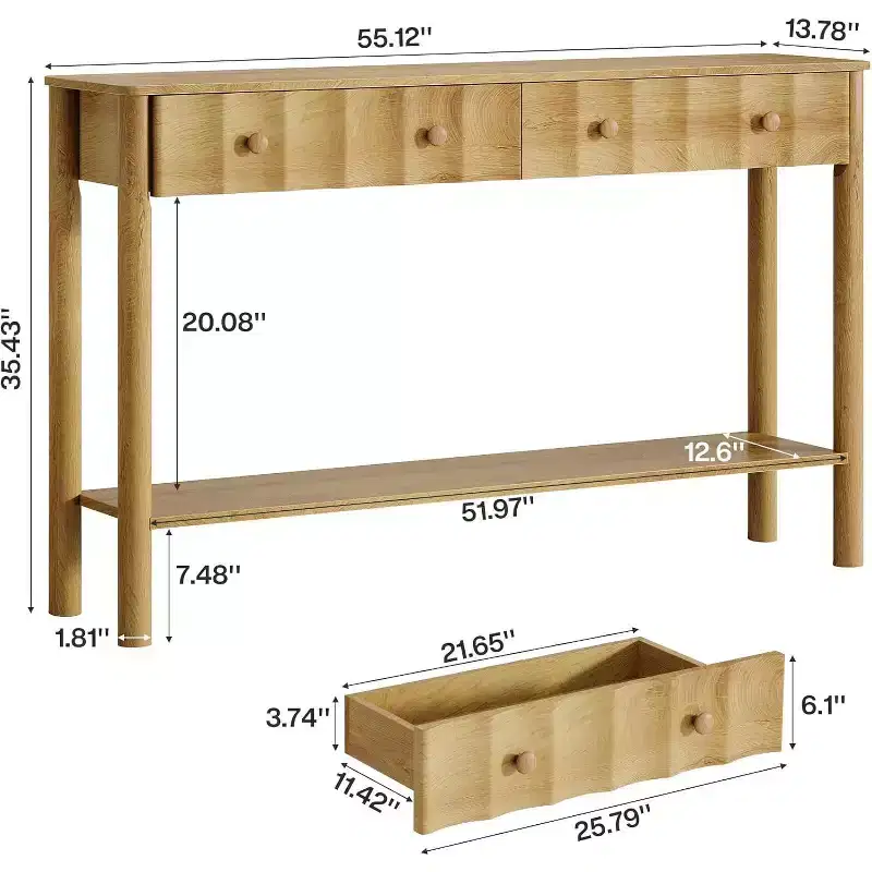 Lantine 55-Inch Console Table with 2 Drawers, Fluted Entryway and Narrow Sofa Table with Open Shelf for Living Room, Hallway, Foyer, Light Oak