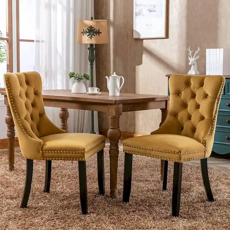 Dining Chairs Set of 2, Upholstered Accent Chair Button Tufted Armless Chair with Back Ring Pull and Nailhead Trim