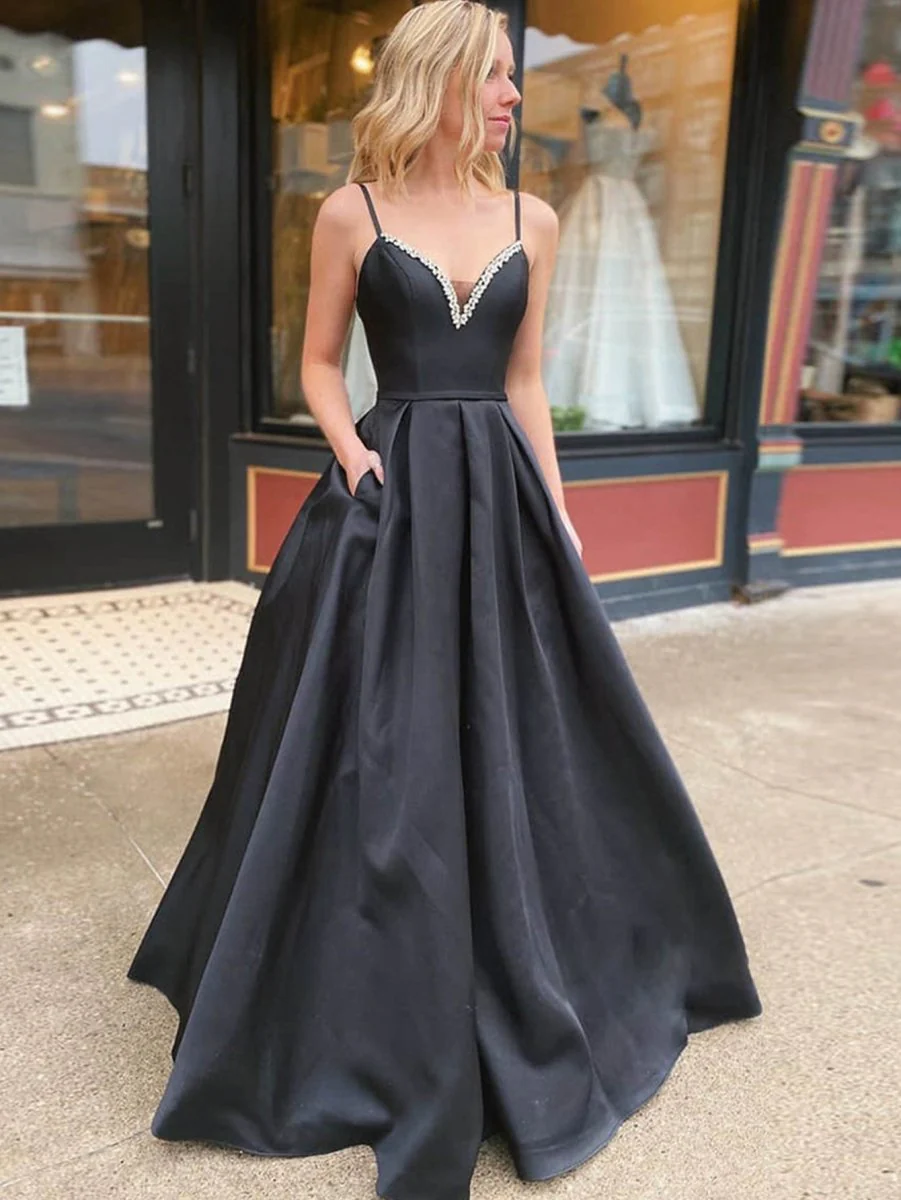 A Line Black V Neck Long Prom Dress