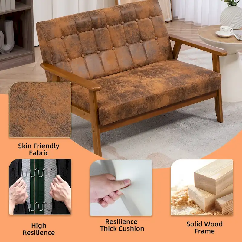 HOMEFUN Mid-Century Linen/PU Upholstered Wood Frame Tufted Loveseat Sofa