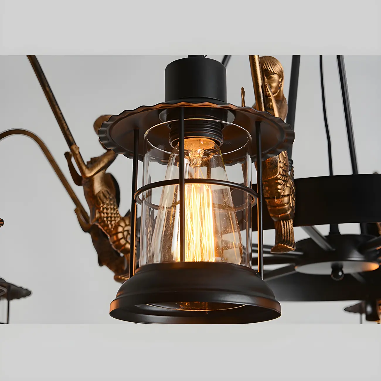 Industrial Black Metal Lantern Wheel Chandelier